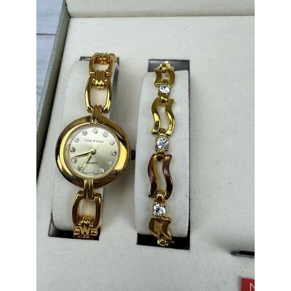 Cote d' Azur Women's 4-piece Gift Set Watch Bracelet Earrings Necklace Gold Tone - Picture 2 of 16